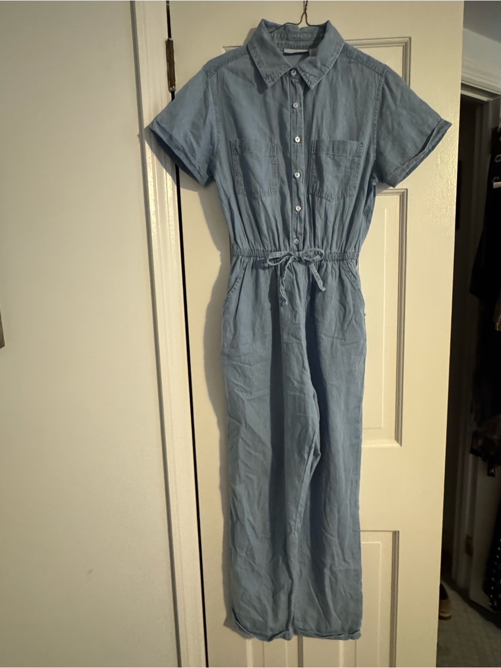 Sincerely Jules Light Blue Short-Sleeve Chambray Jumpsuit